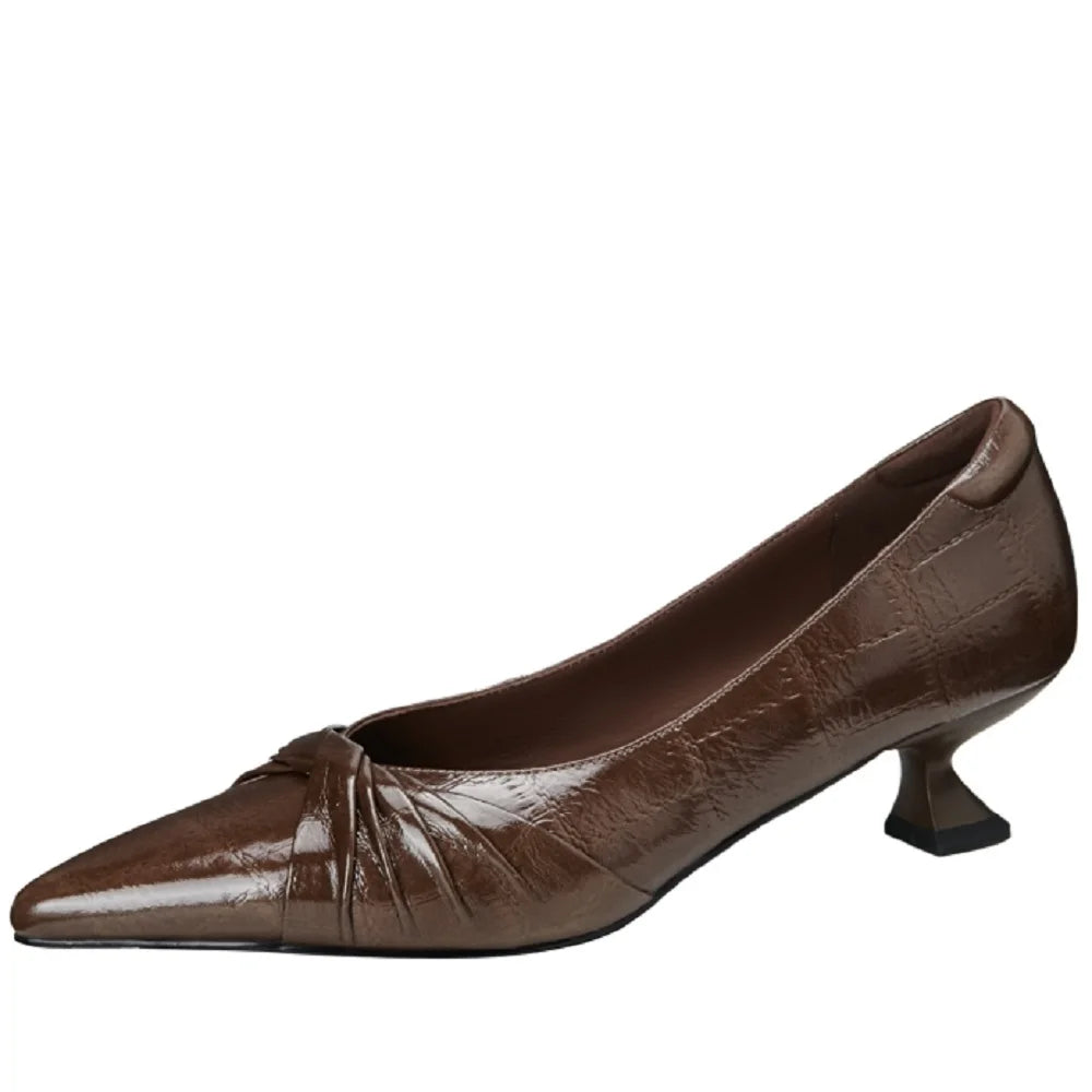 Women's Handmade Genuine Leather pointed toe slip-on pumps Mid heel elegant ladies style daily slim dress heeled
