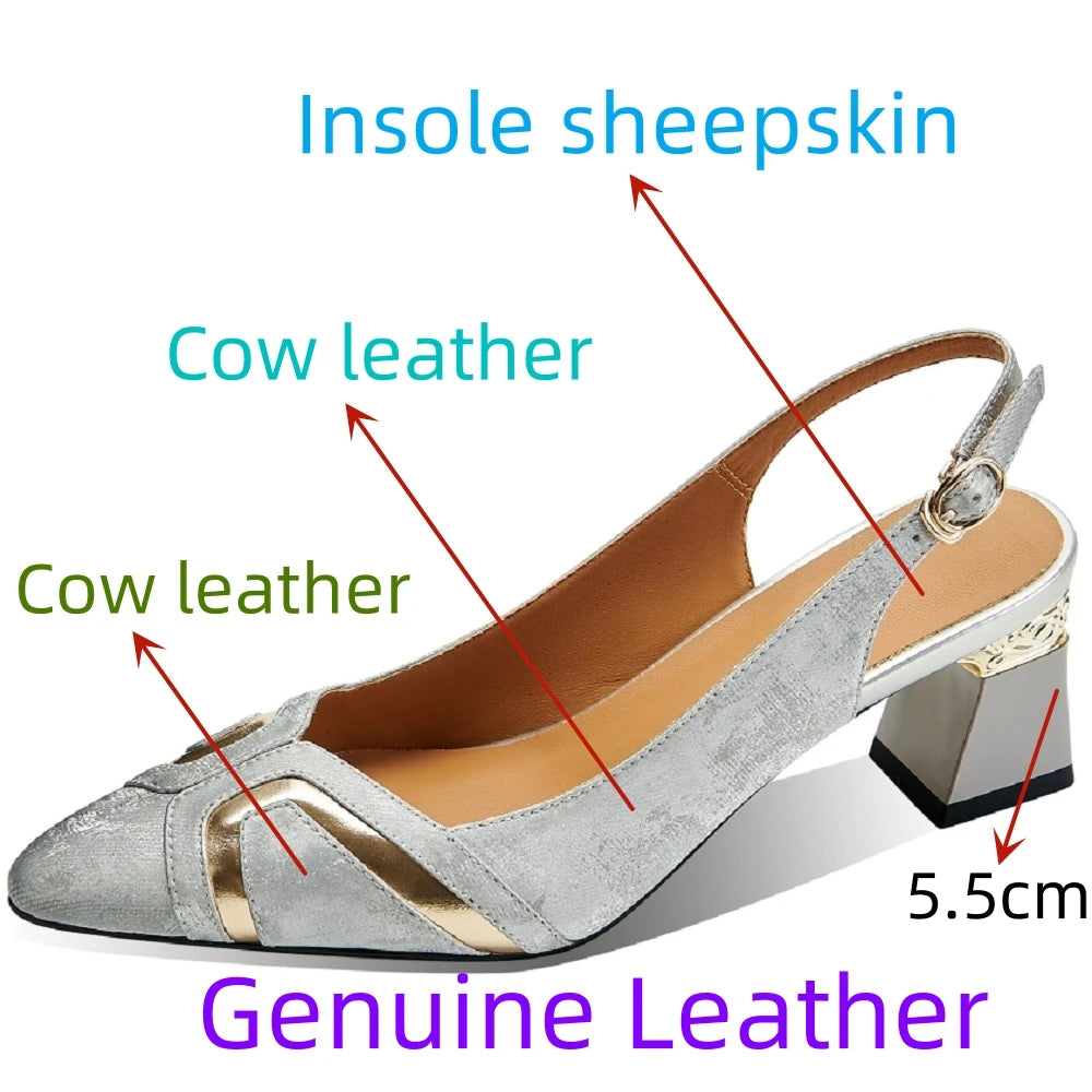 Brand Genuine Leather Medium Heels Pumps Shoes Woman Sexy Point Toe Heels Office Dress Ladies Sandals 34-42