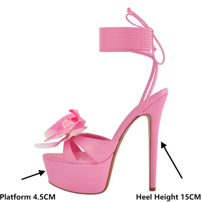 Women Flower Open Toe Pink Platform High Heeled Big Size Women Lace Up Stiletto Sexy Summer Sandals