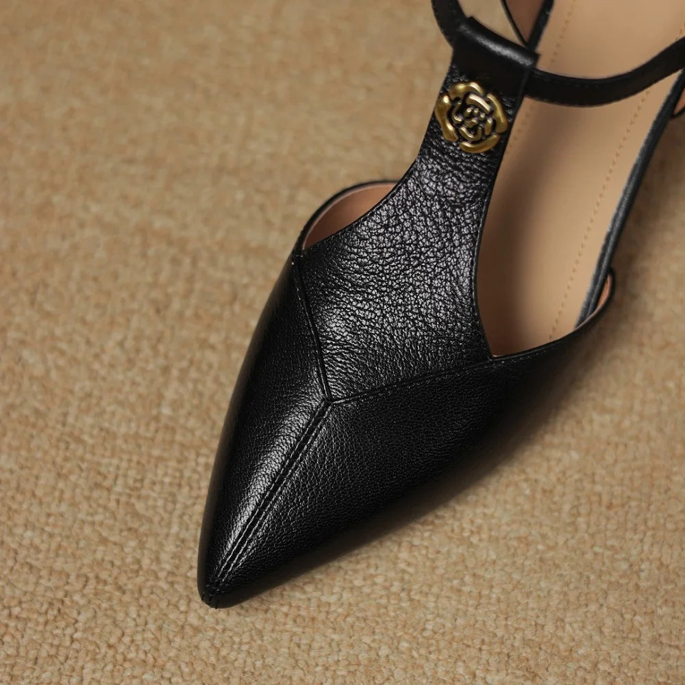 Handmade Genuine Leather Retro Sle with Buckle Design Hollow out Tea Flower Pattern Mid Heel Single Shoes 34-40