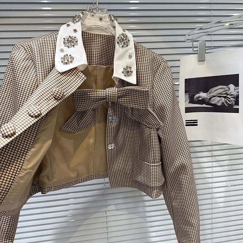 2026 Autumn New Women's Two-pieces Set Bow Tie Scarf Plaid Short Jacket Casual Versatile Belt Shorts Sets Female 11A06528