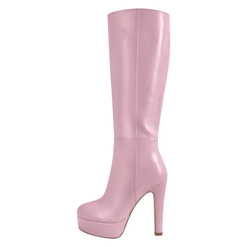 Onlymaker Women Round Toe Wide Calf Platform Knee High Boots Chunky Heel With Side Zipper Concise Tall Modern Boots