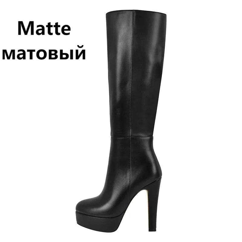 Onlymaker Women Round Toe Wide Calf Platform Knee High Boots Chunky Heel With Side Zipper Concise Tall Modern Boots