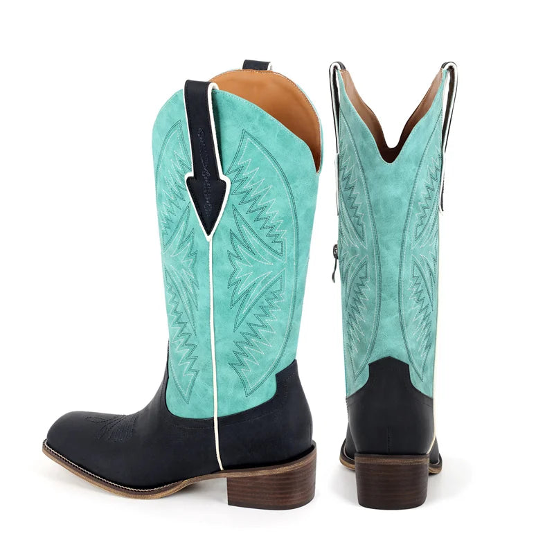 Onlymaker Women Square Toe Embroidered  Western Boots Block Heel Fashion Big Size Side Zipper Cowgirl Boots