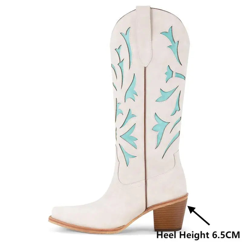 Onlymaker Women Pointed Toe  Mid Calf Cowboy Boots Chunky Block Heel Classic Pull On Cowgirl Western Boots