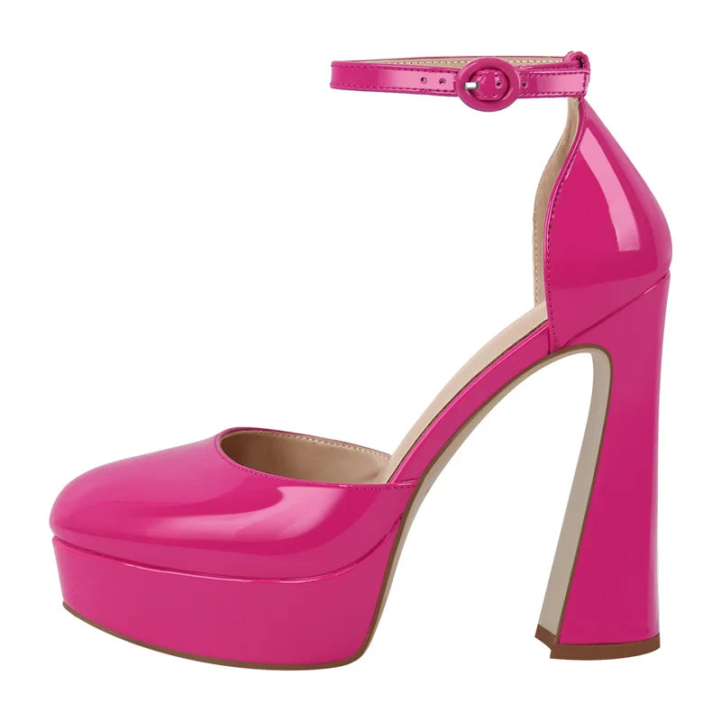 Women Round Toe Platform Ankle Strap Chunky High Heel Pumps High Heeled Party Dress Patent Leather Shoes