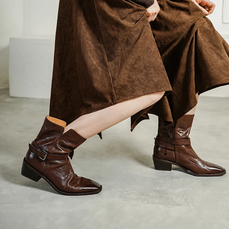 New Quality Women Handmade Genuine Leather Mid Heels Ankle Boots Sexy Square Toe Western Female High Boots 34-40