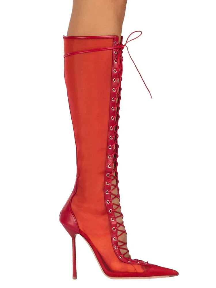 2026 Spring/Summer New Lace Short Mesh Cool Boots Side Zipper Banquet Slimming High Heels Sexy Knee Length Women's Boots