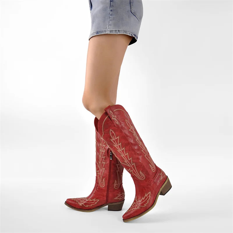 Onlymaker Women Pointed Toe Side Zipper Embroidered Western Cowboy Boots Block Heel Vintage Fashion Tall Cowgirl Boots