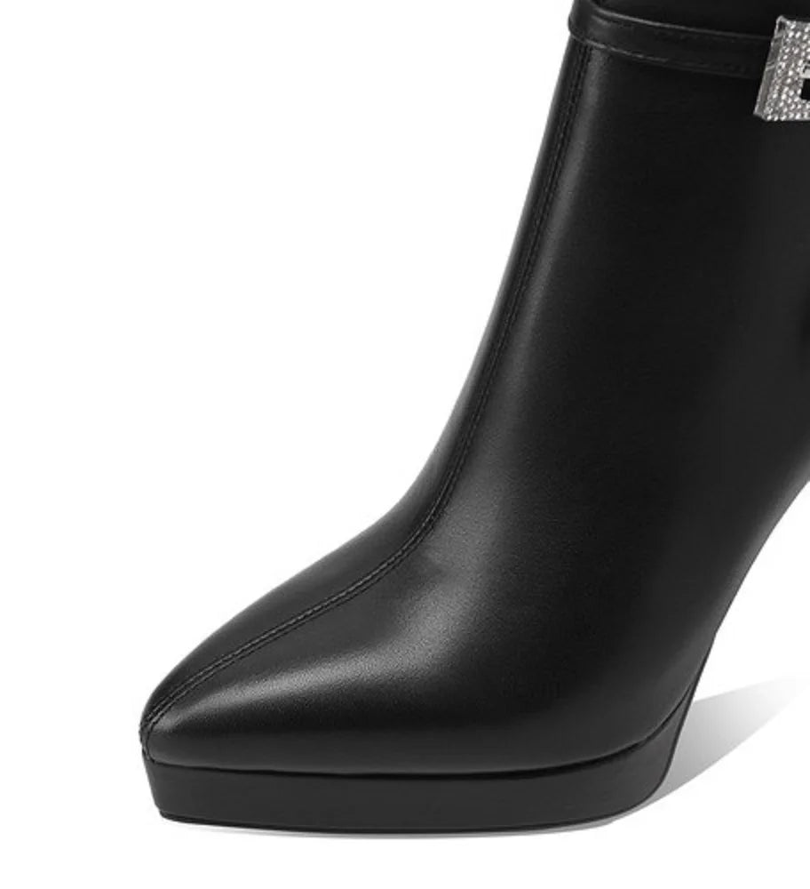 Women Handmade Genuine Leather Ankle Boots Pointed Toe Thin High Heels Short Boots Zip Ladies Shoes 33-40