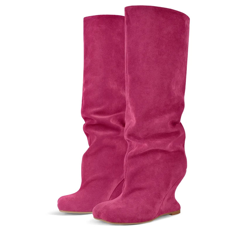 Onlymaker Women Peep Toe Wedge Flock Fashion Chunky Boots