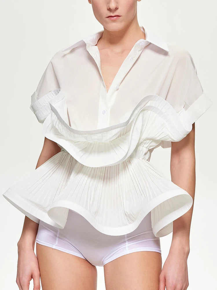 Solid Patchwork Folds Casual Shirts For Women Lapel Short Sleeve Spliced Single Breasted Minimalist Blouses Female Fashion