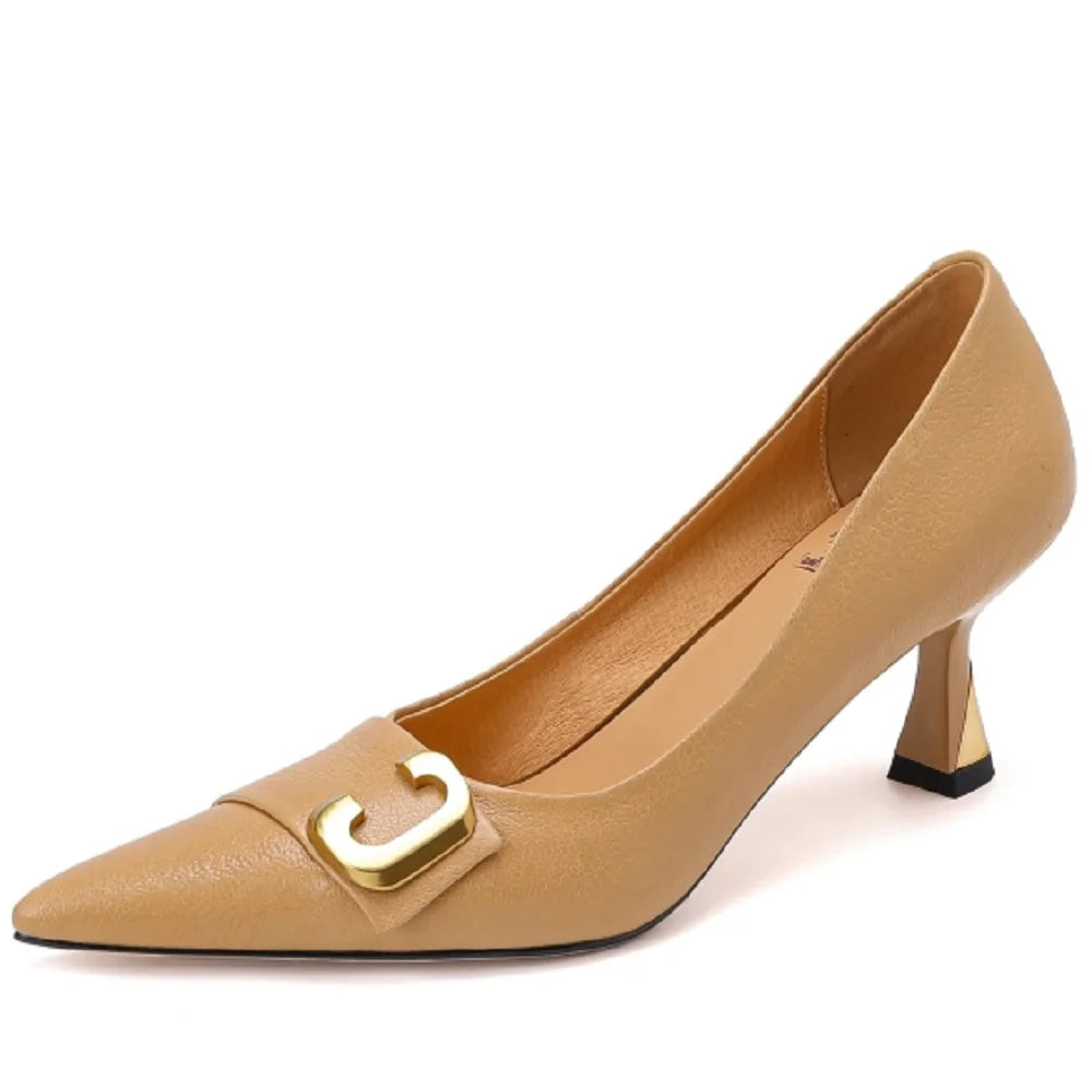 Dress Party Shoes Women Genuine Leather Pumps Sexy Thin Heels Slip On Solid Color Pointed Toe Handmade For Ladies