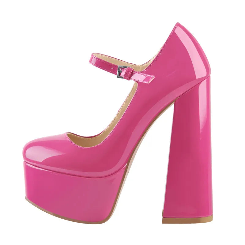 Women Pumps Mary-Jane Platform Black Pink Chunky 16CM High Heels Ankle Strap Dress Party Hoof Heel Plus Size Shoes