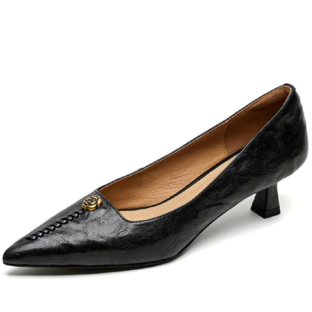 Handmade Genuine Leather Comfortable Retro Style Mid Heels Pointed Head Season Women Shoes 34-40
