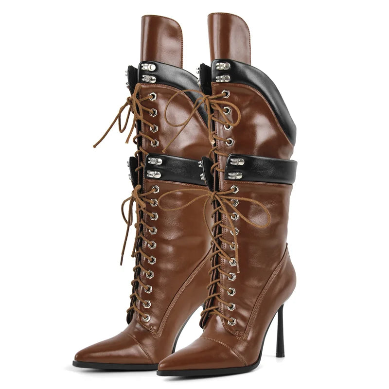 Onlymaker Women Pointed Toe Double Stiletto High Heel Lace Up Mid-Calf Boots Fashion Sexy Lace Up Strappy Knee High Boots
