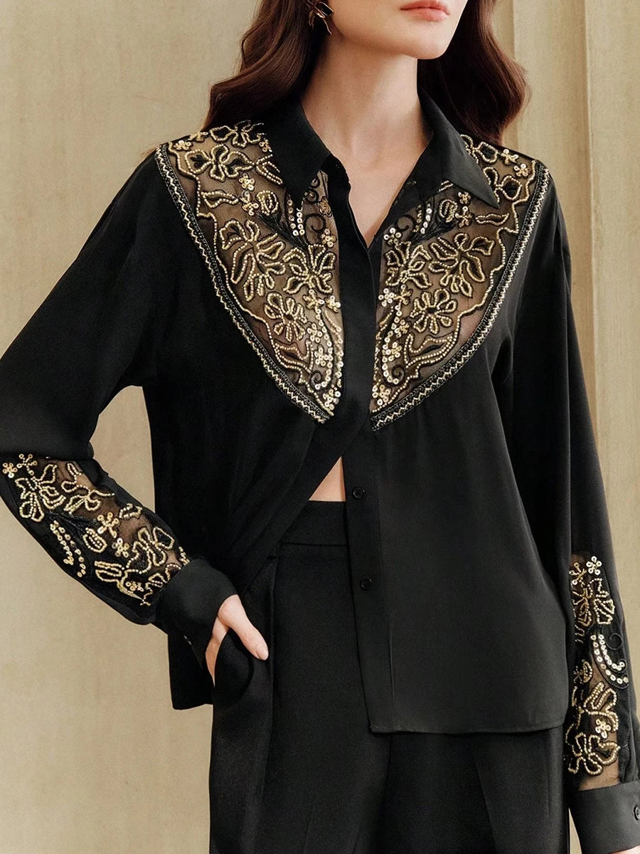 Elegant Business Meetings Black Shirt with Gold Embroidery for Women Spliced Sheer Mesh Slimming Shirts for Luxury Dinners