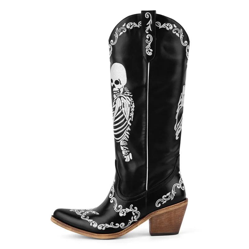 Onlymaker Women Skeleton Embroidery Halloween Western Sewing Floral Cowboy Boots Retro Mid-Calf Western Boots
