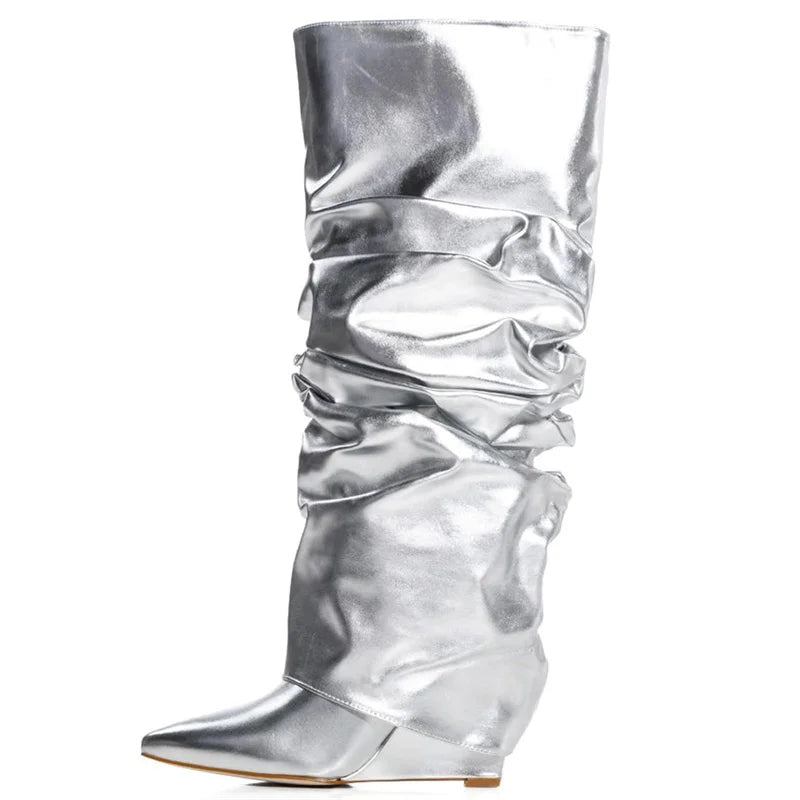 Onlymaker Woman Pointed Toe Knee Wedge High Heel Pleated  Fashion Big Size Camouflage Winter Boots