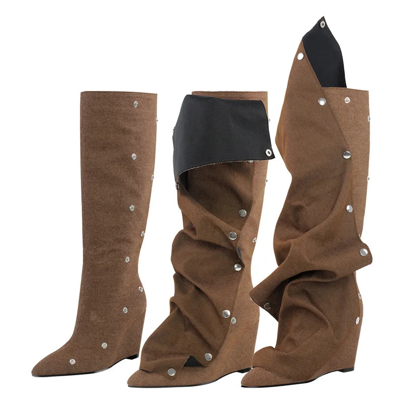 Onlymaker Women Pointed Toe Pleated Wedges Knee High Boots  Fashion Black Matte Buttons Boots