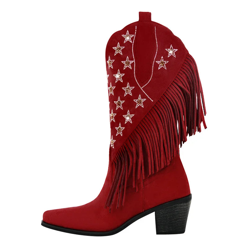Onlymaker Women Pointed Toe Pull-on Knee High Fringe Cowgirl Boots Comfy Big Size Pull On Rhinestone Mid Calf Western Boots