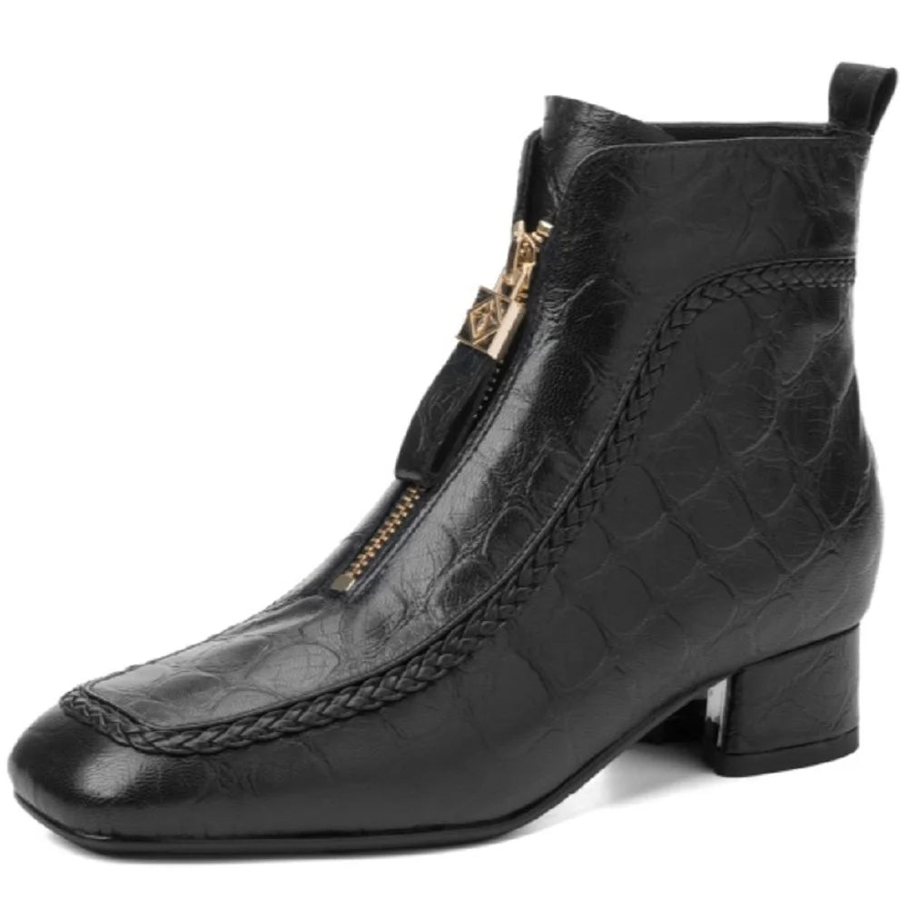 New Women Handmade Genuine Leather Soft and comfortable Square Toe Chunky Heel Shoes Modern Ankle Boots