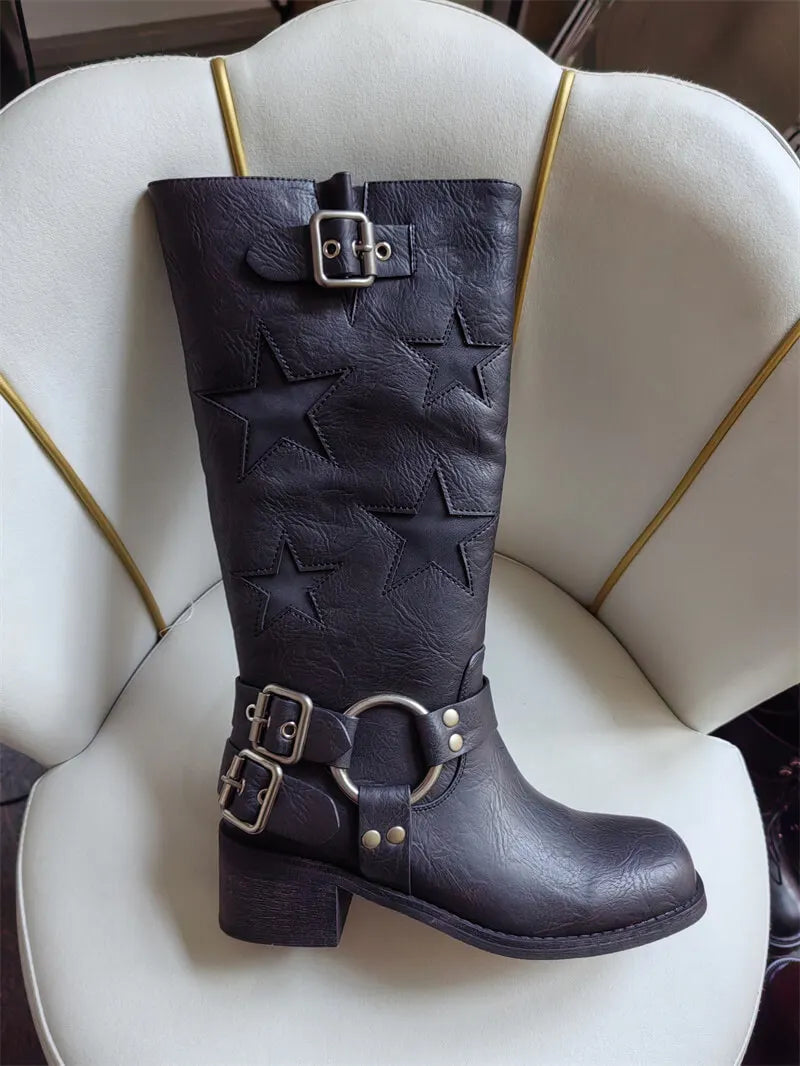 Onlymaker Women Buckle Gothic Black Knee High Boots Heeled Metal Fashion Matte  Motorcycle Boots