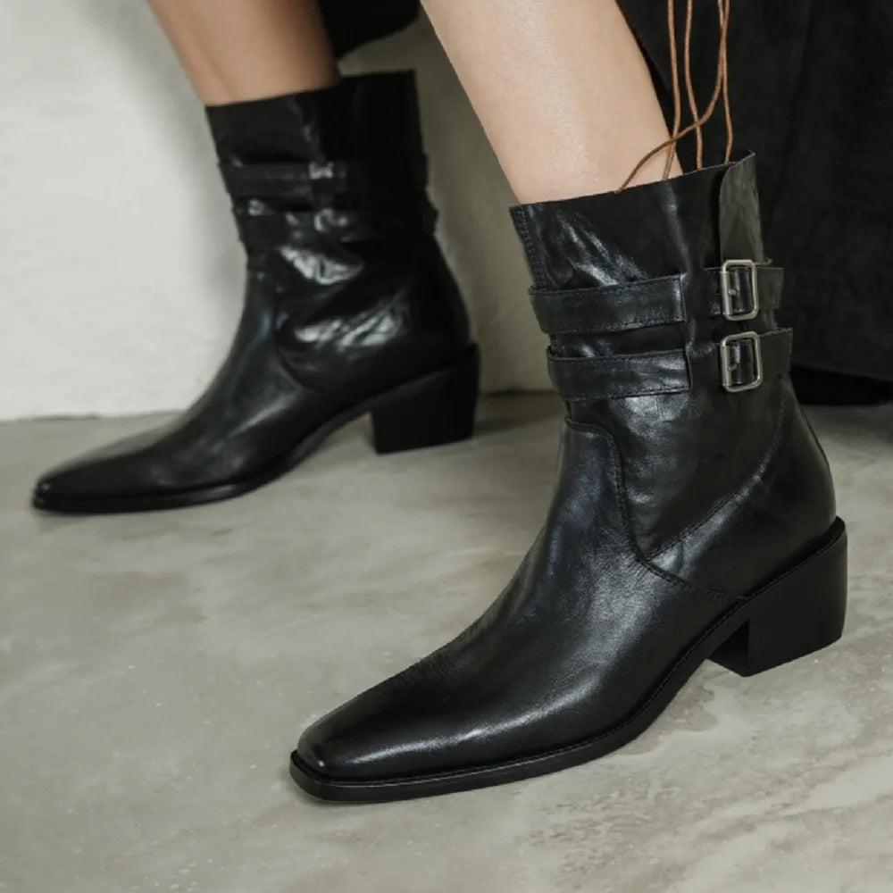 New Women Handmade Genuine Leather Soft and comfortable Ankle Boots Sexy Square Toe Mid Heels Casual 34-40