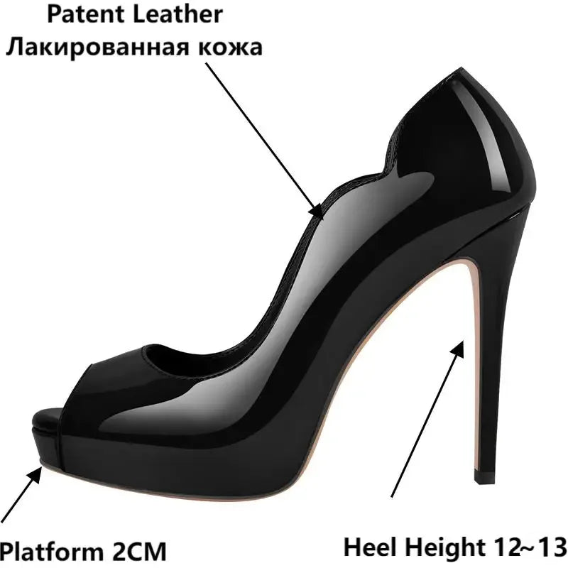 Women Peep Toe Platform Patent Leather Pumps High Heeled Big Size Slip On Women Stiletto Heels