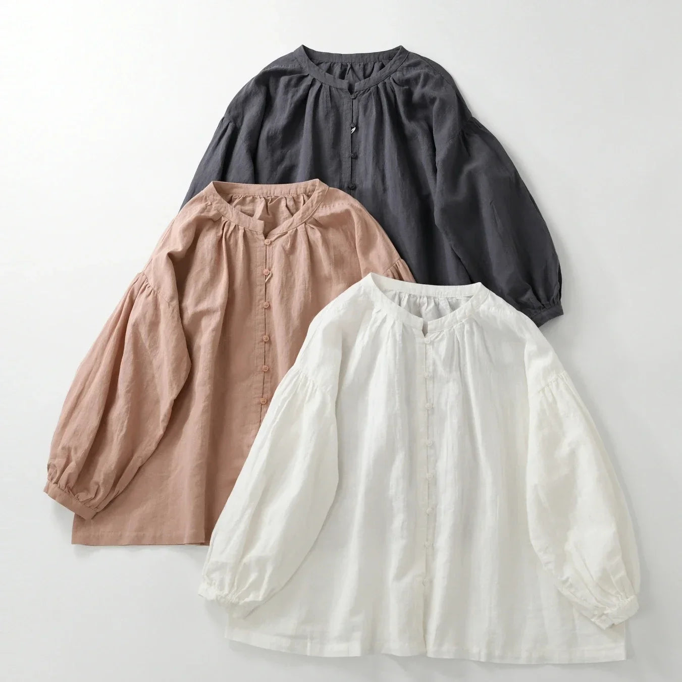 Office Lady Linen Long Puff Sleeve Loose Fit Single Breasted Shirt Spring Summer Elegant Vintage Minimalist All Match Work Top