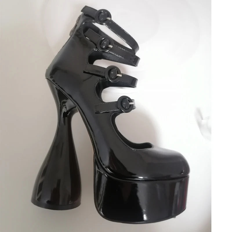 Platform High Heels Strange Style Heels Buckle Decoration Patent Leather Ankle Strap  Spring Autumn Fashion Sandals