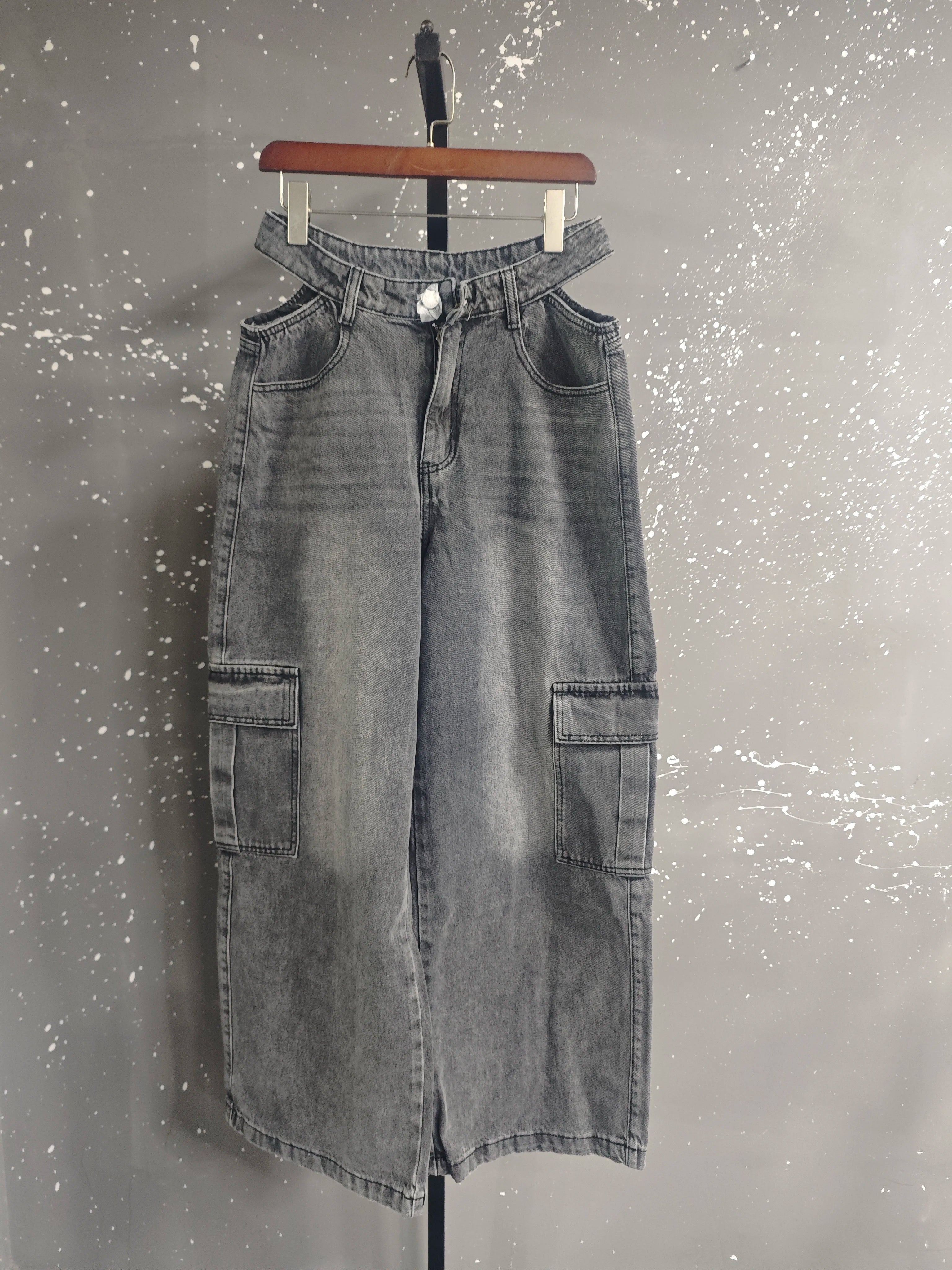 2026 Spring New Fashion Vintage Cargo Jeans For Women High Waist Hollow Out Straight Versatile Wide-Leg Pants 11A08747