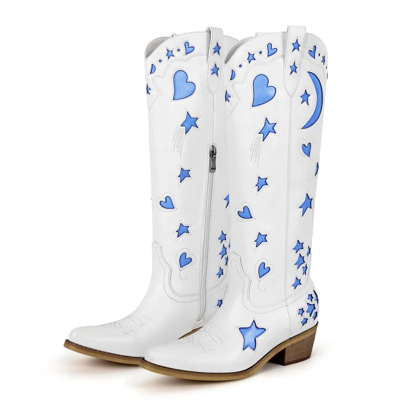 Onlymaker Women  Pointed Toe Knee High Western Cowgirl Boots Comfy White Stars Side Zipper Big Size  Cowboy Boots