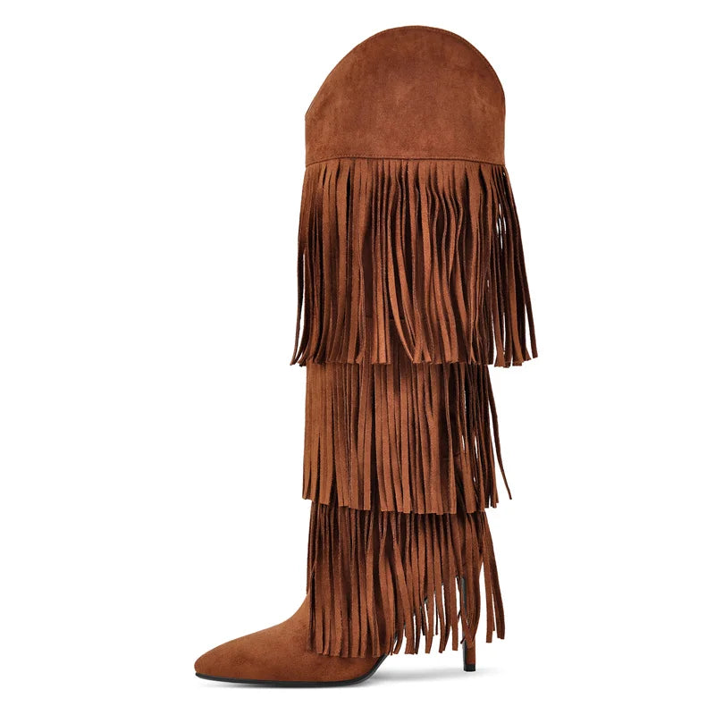 Onlymaker Women Pointed Toe Fringe Boots Comfy Pull On Mid Calf Thin Heel Pull-on Knee High Boots