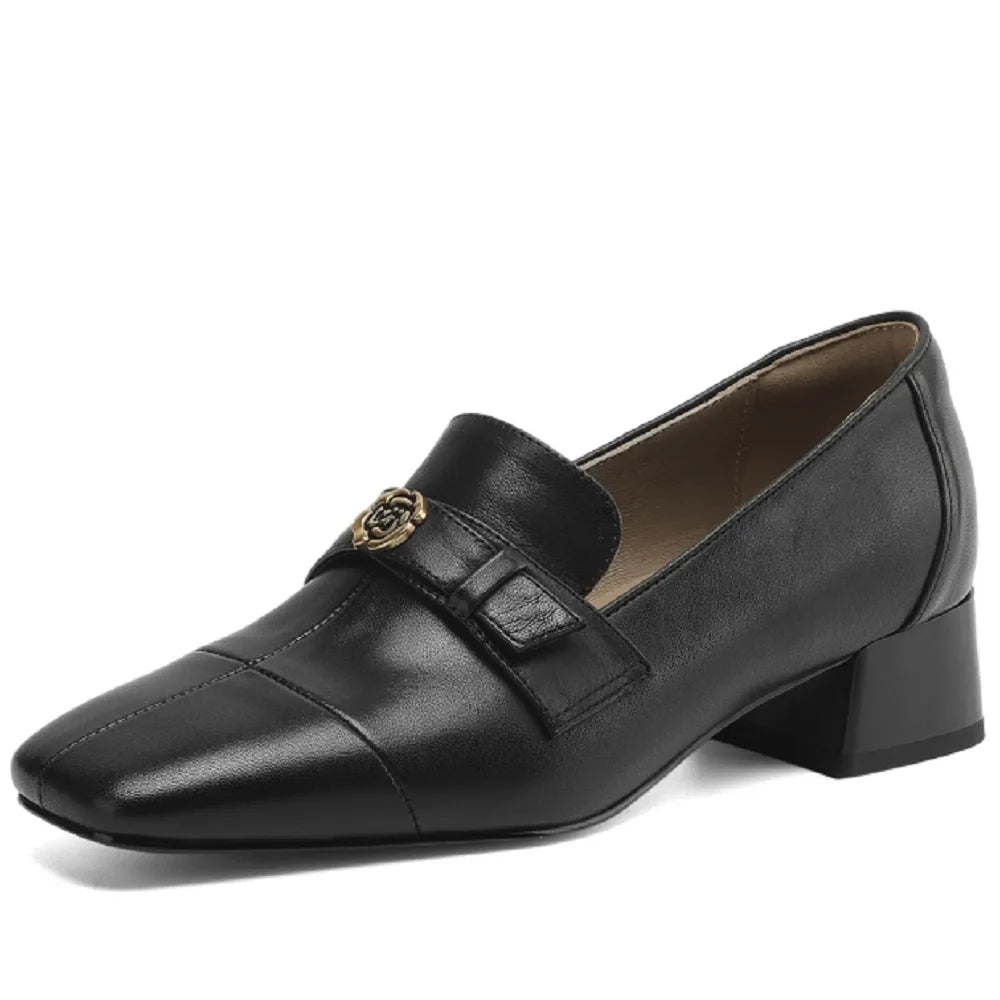 Handmade Genuine Leather Mid Heel British Sle Loafer Women's Spring Retro Camellia Single Shoes Fashionable 34-41