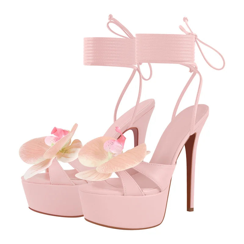 Women Flower Open Toe Pink Platform High Heeled Big Size Women Lace Up Stiletto Sexy Summer Sandals