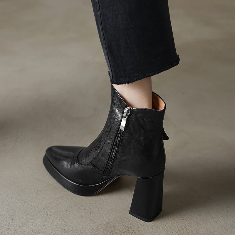 Women Handmade Brand Genuine Leather Ankle Boots Chunky Block High Heels Buckle Pointed Toe Shoes