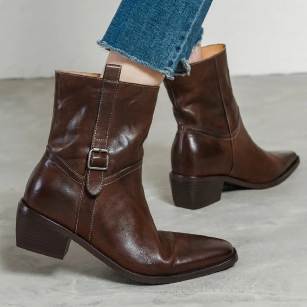 Handmade Genuine Leather Soft comfortable Ankle Boots Women New High Quality Square Mid Heel Boots Shoes 34-40