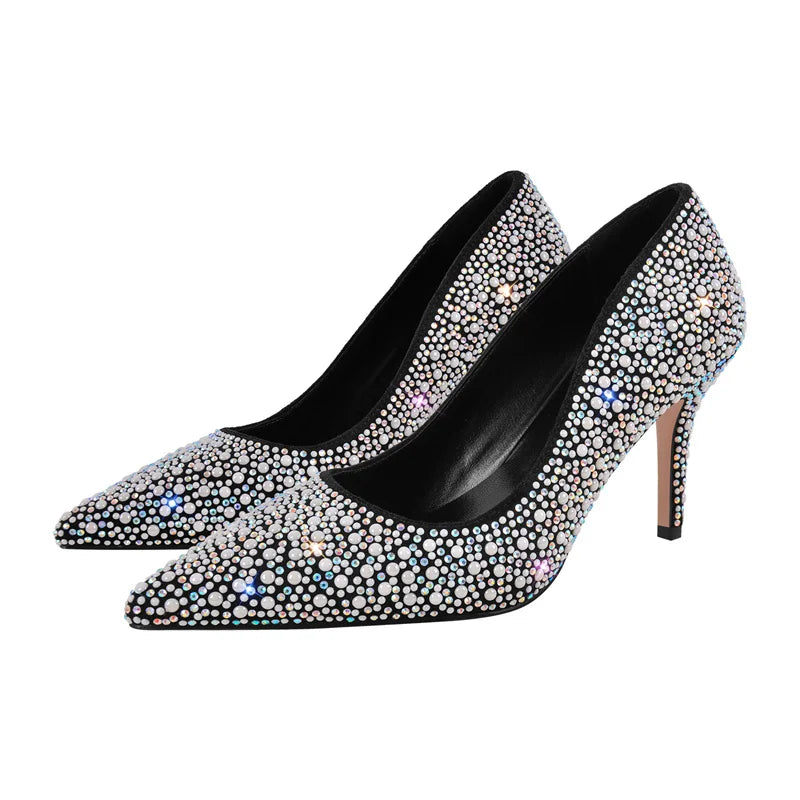 Women Pointed Toe Rhinestone Sparkling Glitter High Heels Slip On Stiletto Wedding Dress Prom Party Silver Pumps