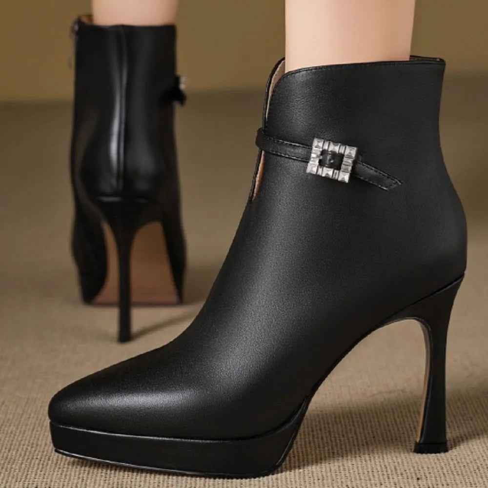 Handmade Genuine Leather Brand Ankle Boots For Women Platform Fashion Elegant High Heel Short Boot Zipper shoes