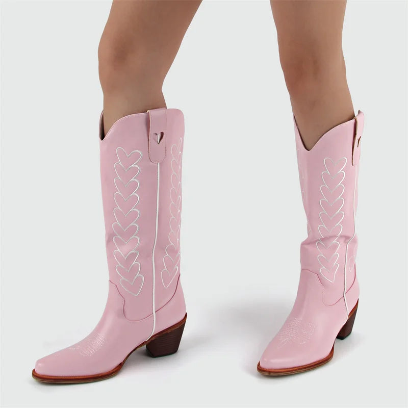 Onlymaker Women Pointed Toe Pull-on Knee High Cowgirl Boots with Big Size Comfy Female Cowboy Boots