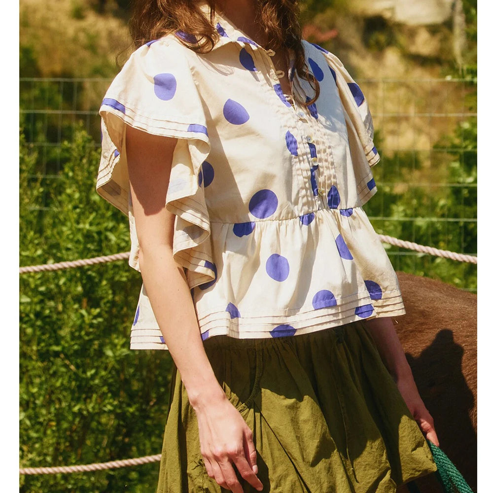 Women Vintage Polka Dot Short Ruffle Sleeves Tops Cute Button V Neck Pleated Cropped Babydoll Blouses Aesthetic Preppy Shirts
