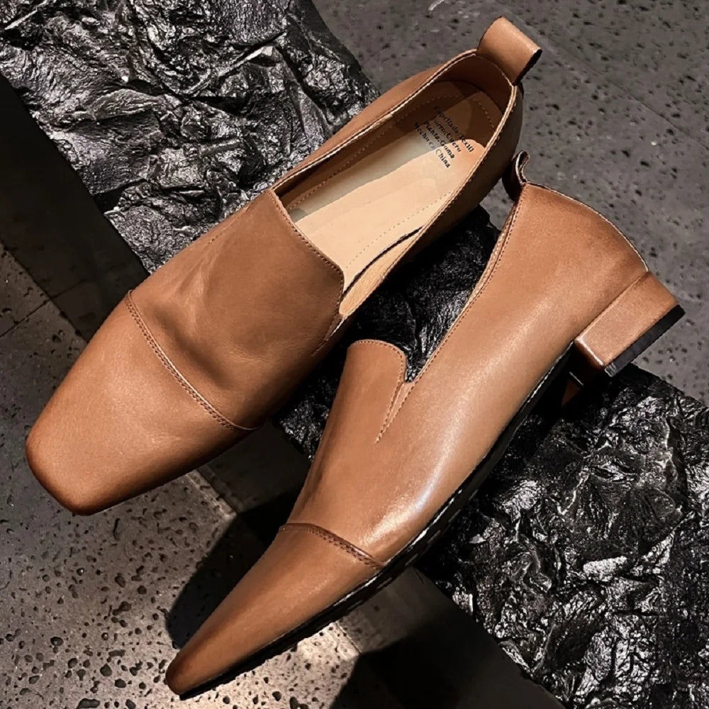 Women's Handmade Genuine Leather Soft and comfortable Shoes Chunky Mid Heel Large Retro Single Shoes 34-40