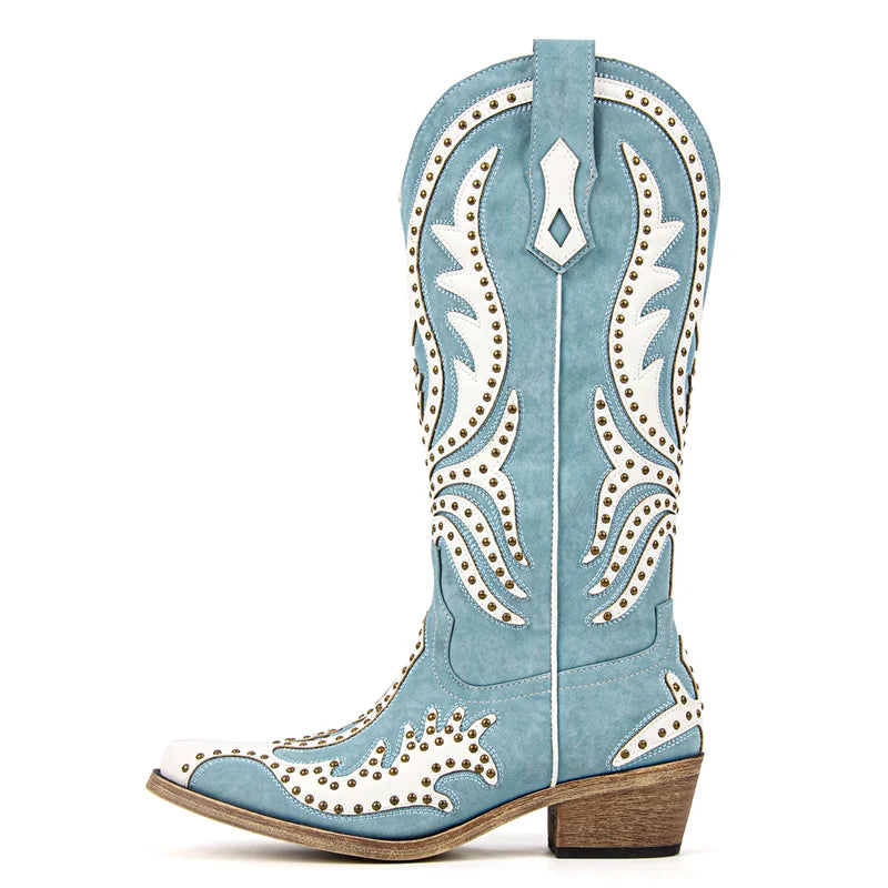 Onlymaker Women White Floral Western Embroidery Cowgirl Boots Pointed Toe Side Zipper Knee High with Chunky Heel  Boots