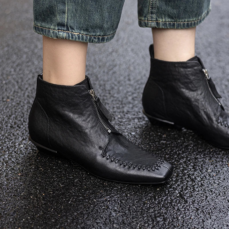 Women Handmade Genuine Leather Mid Heel Modern Soft and comfortable Ankle Boots Daily Shoes Zipper Boots 34-40