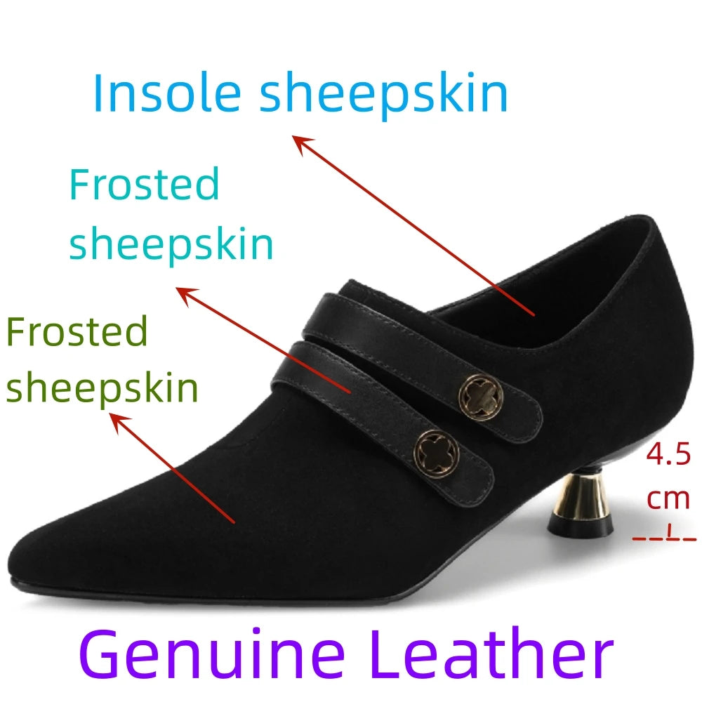 Women Handmade Genuine Leather Point Toe Ladies Elegant Shoes Soft Mid Heel Outdoor Dress Shoes 34-40