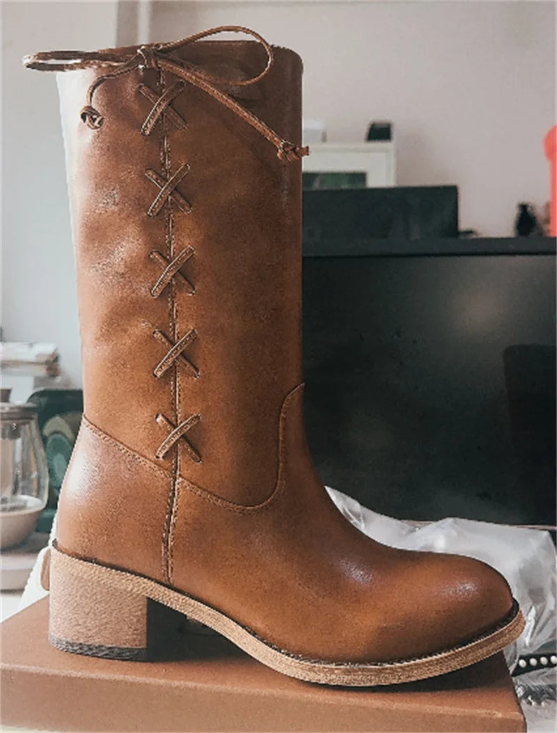 Onlymaker Round Toe Faux Suede Leather Knee-high Boots Chunky Heel Shoes Autumn Solid Slip On Fashion Elegant Boots