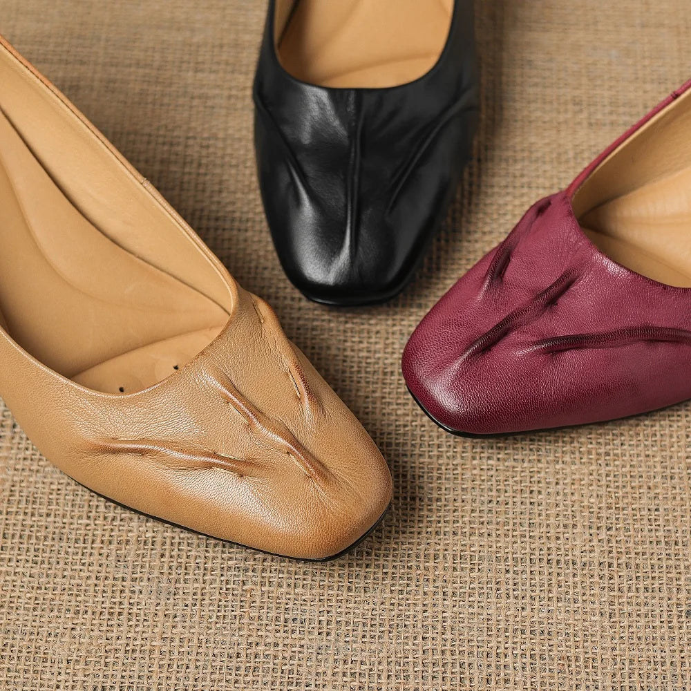 NEW Women Handmade Genuine Leather Soft and comfortable Square Toe Mid Heel Shallow Slio-on Shoes 34-40