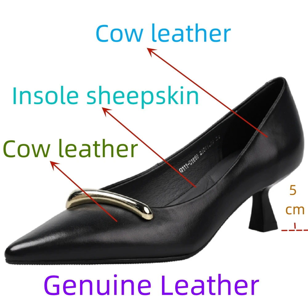 Handmade Genuine Leather Metal Buckle Pointed Toe Mid Heel Soft and comfortable Women's Version 34-40