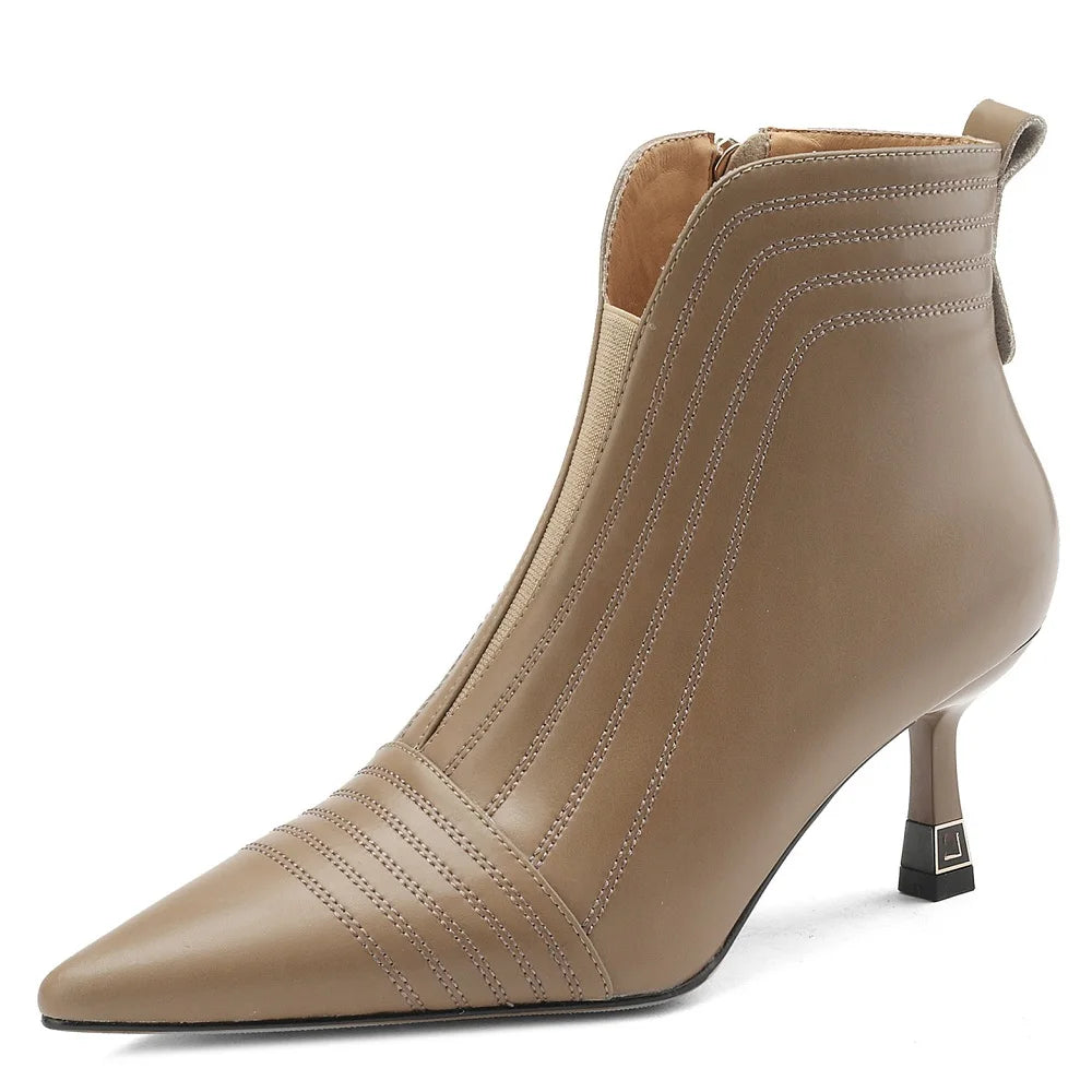 Sexy Pointed Toe Women Full Genuine Leather Ankle Boots Slip On Solid Color Super High Thin Heels Handmade For 42